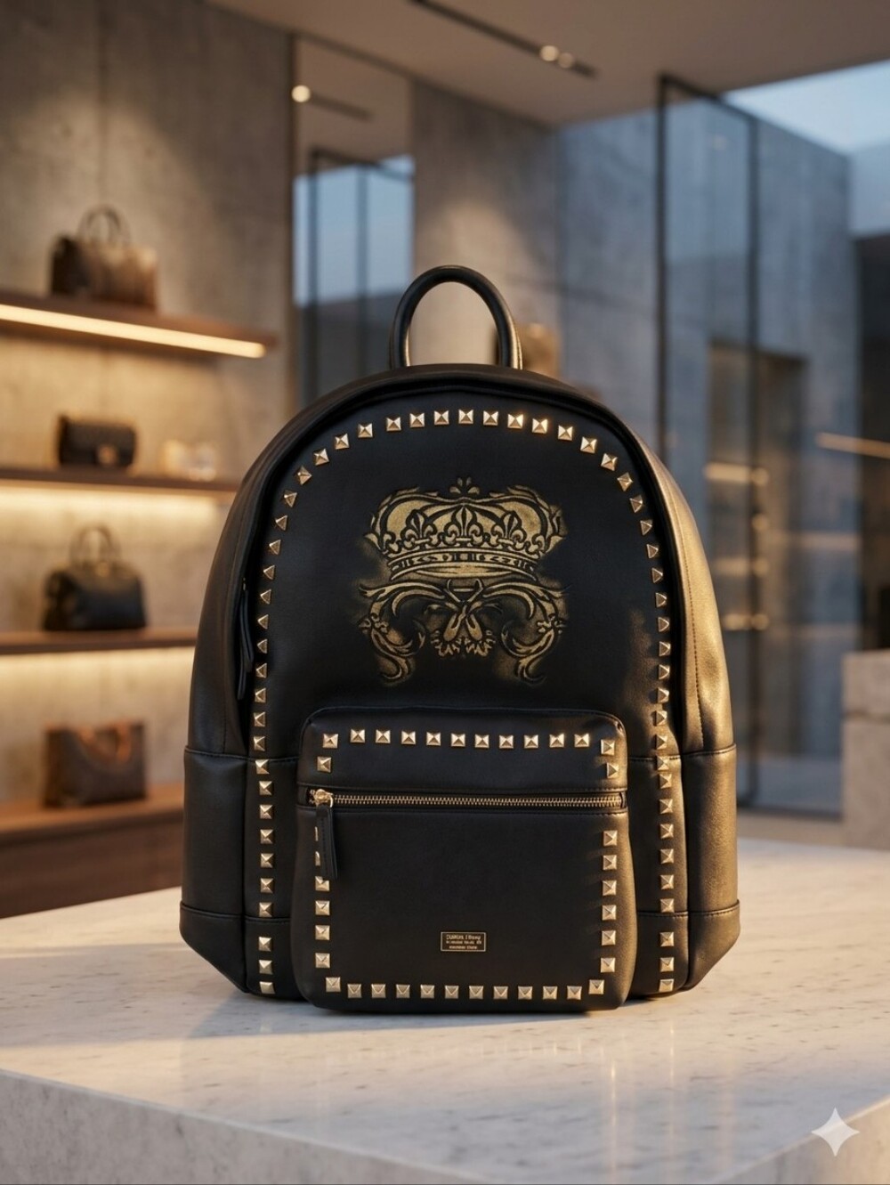 Black Studded Leather Backpack with Crown Embossing